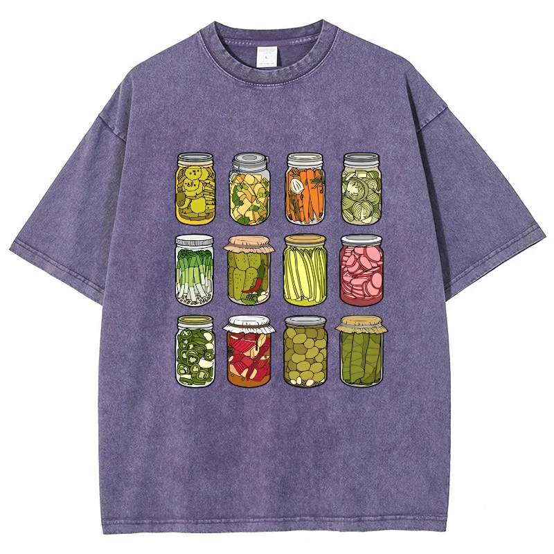 Cartoon Canned Pickle Print Women's T-Shirt Washed Cotton Vintage Crew Neck Short Sleeve Casual Fashion Design Top Basic Tees image 5