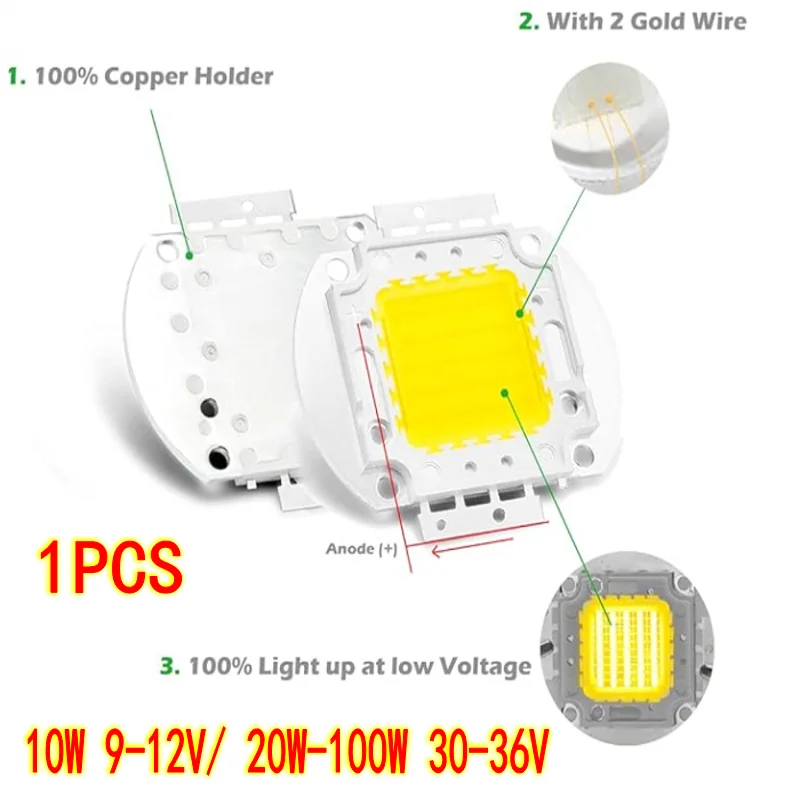 

1 шт., яркие светодиодные бусины COB Chip, высокая мощность 9-12 В, 10 Вт, 30 В, 20 Вт, 30 Вт, 50 Вт, 100 Вт, медный кронштейн, натуральный, холодный, теплый белый свет