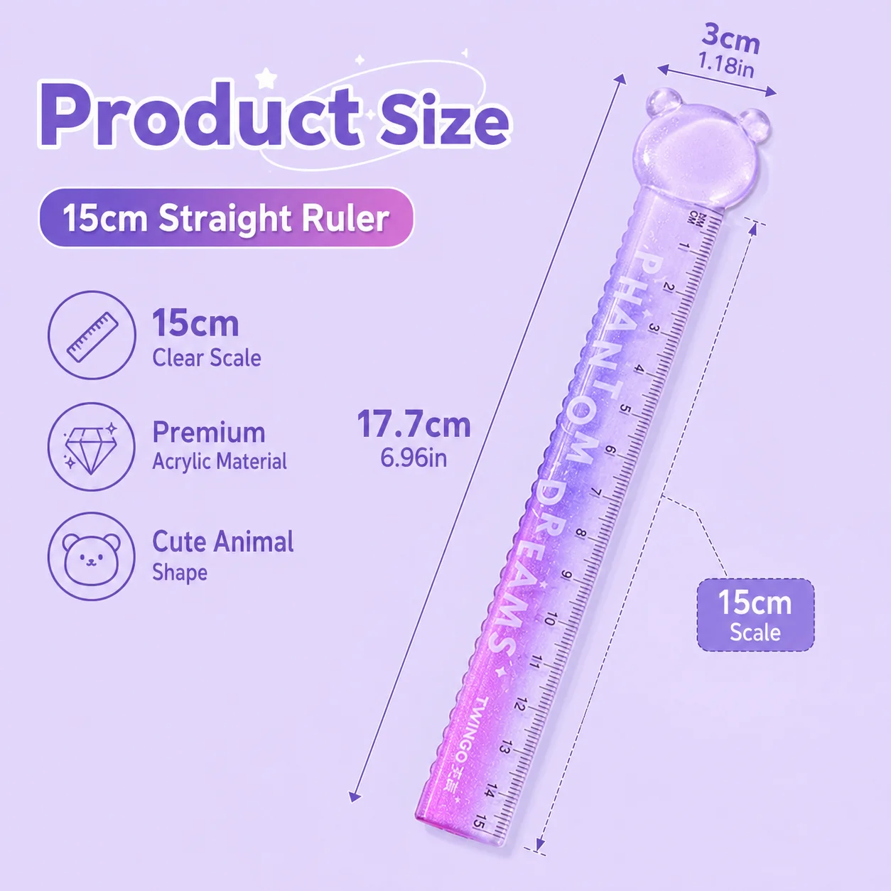 15cm Gradient Glitter Transparent Ruler Cute Bear Wavy Edge Straight Ruler For Bullet Journal Scrapbooking Diy Art Craft Tool