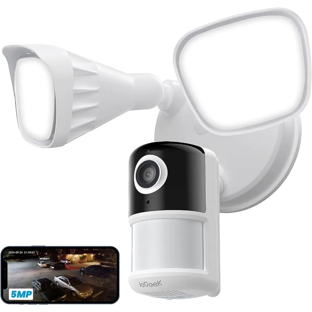 iegeek 投光器カメラ、カメラ付き 5mp 屋外ホームセキュリティライト、スマートモーションセン付き 5g/2.4g wifi 有線投光器カメラ