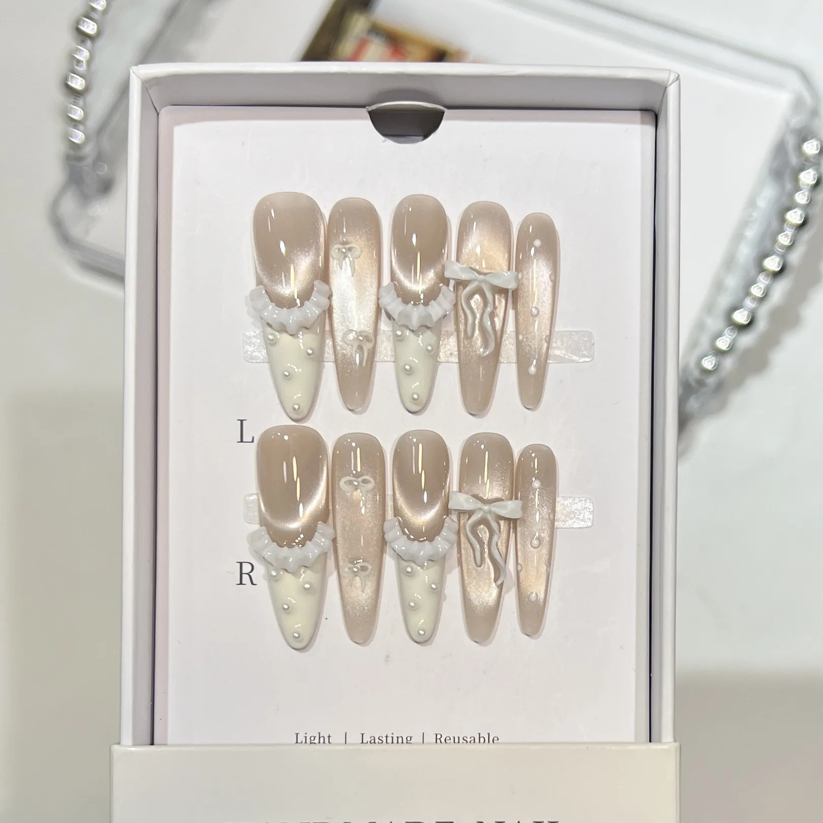 

10 шт. Роскошные длинные шпильки ручной работы, французский пресс на ногтях, милая юбка, балетный жемчуг, 3D декор с бантом, накладные ногти высокого уровня, можно носить