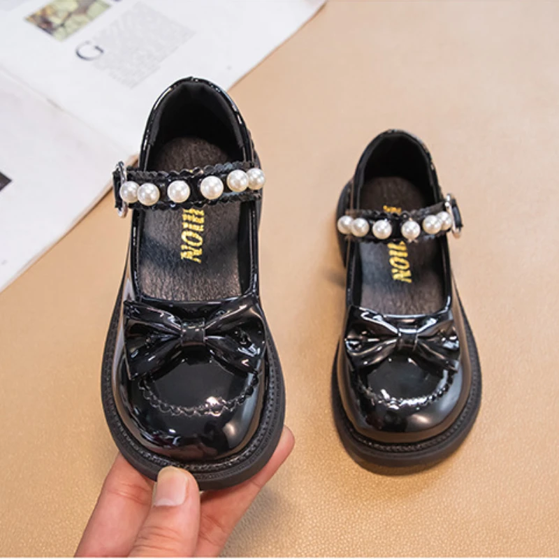 Kids Leather Shoe Non-slip Elegant Girl Princess Shoes Chic Bowtie Black School Mary Jane Shoes Fashion Children\'s Flats Soft