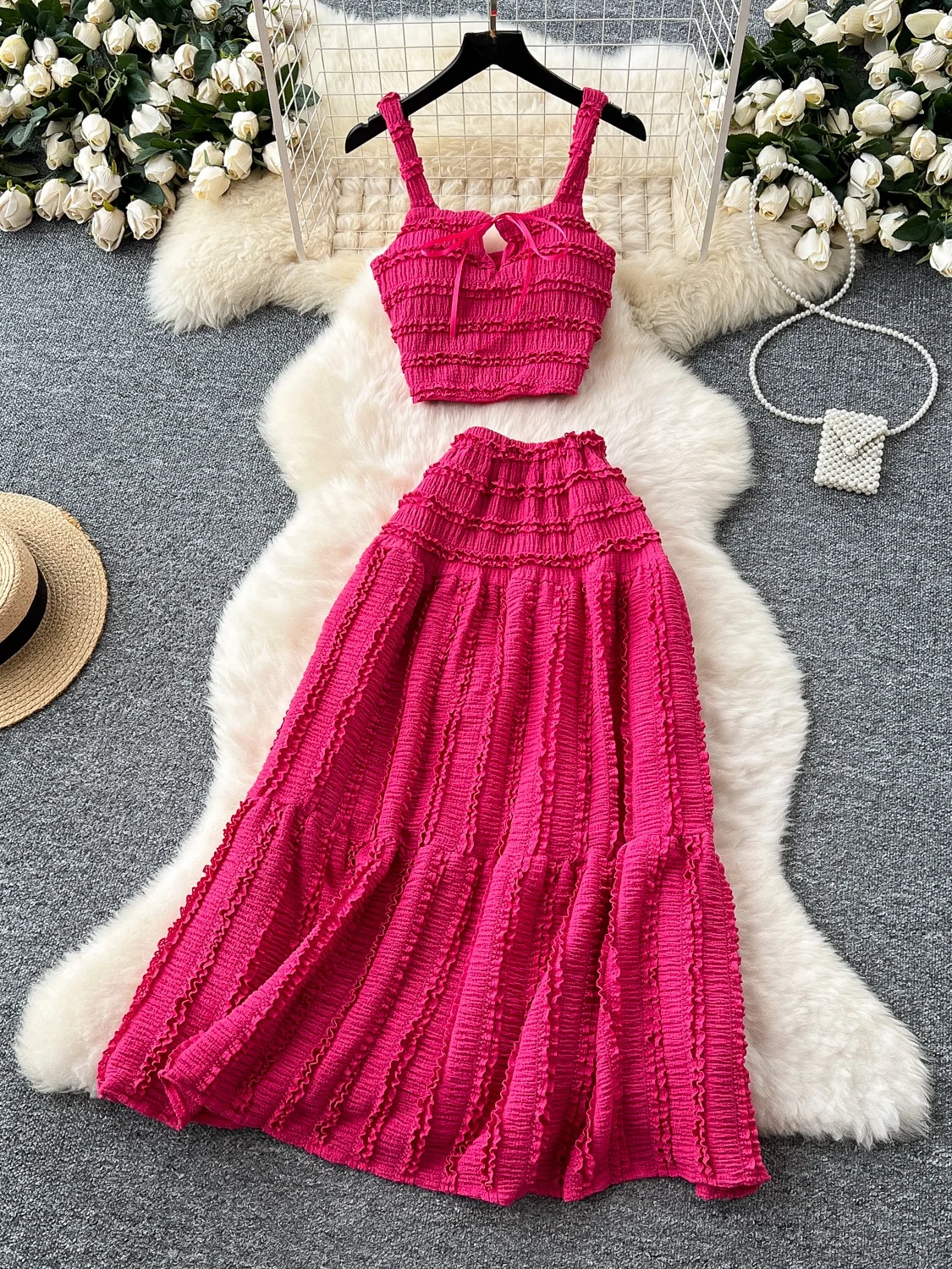 Conjunto F Estilo Doce com Top Curto de Gola Quadrada com Laço e Saia  Psada de Cintura Alta