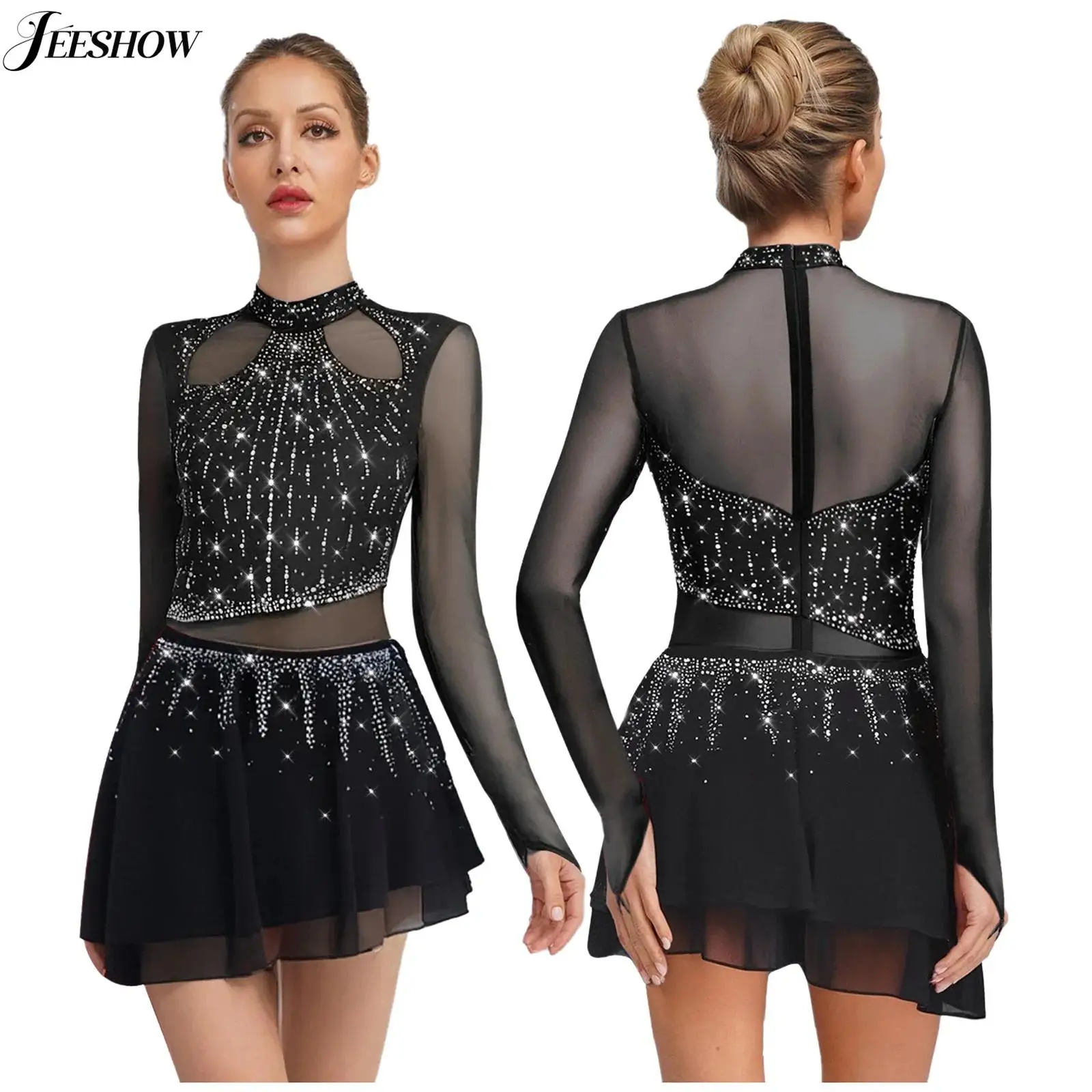 

Женское лирическое танцевальное платье, блестящая сетка со стразами, лоскутное трико с длинными рукавами и юбкой, современный балетный танцевальный костюм для фигурного катания