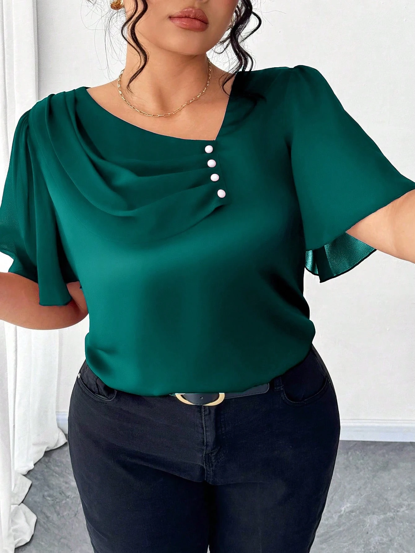 Plus Size Blouse Women Satin Cowl Neck Flutter Short Sleeve Shirt Elegant Solid Color Pearl Button Decor Loose Fit Office Party