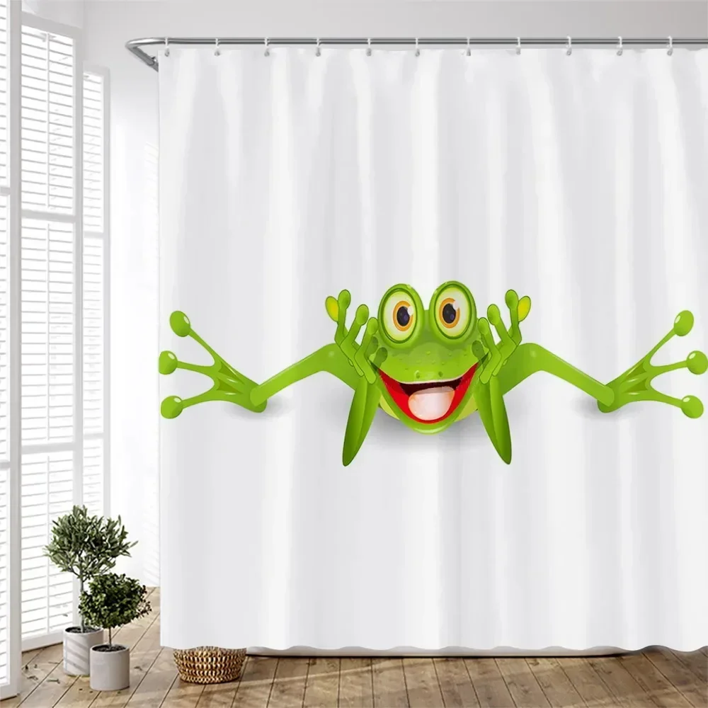 Cartoon Happy Green Frog Shower Curtain for Bathroom Children Bath Curtain Home Decor Polyester Washed Fabric Scenery with Hooks