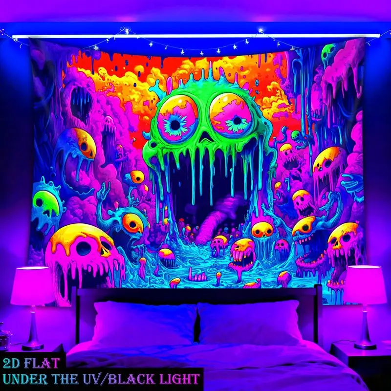 VIKAMA UV Blacklight Monster Skull Tapestry Psychedelic Neon Trippy Glow Wall Hanging Horror Art Decor for Bedroom Dorm Party
