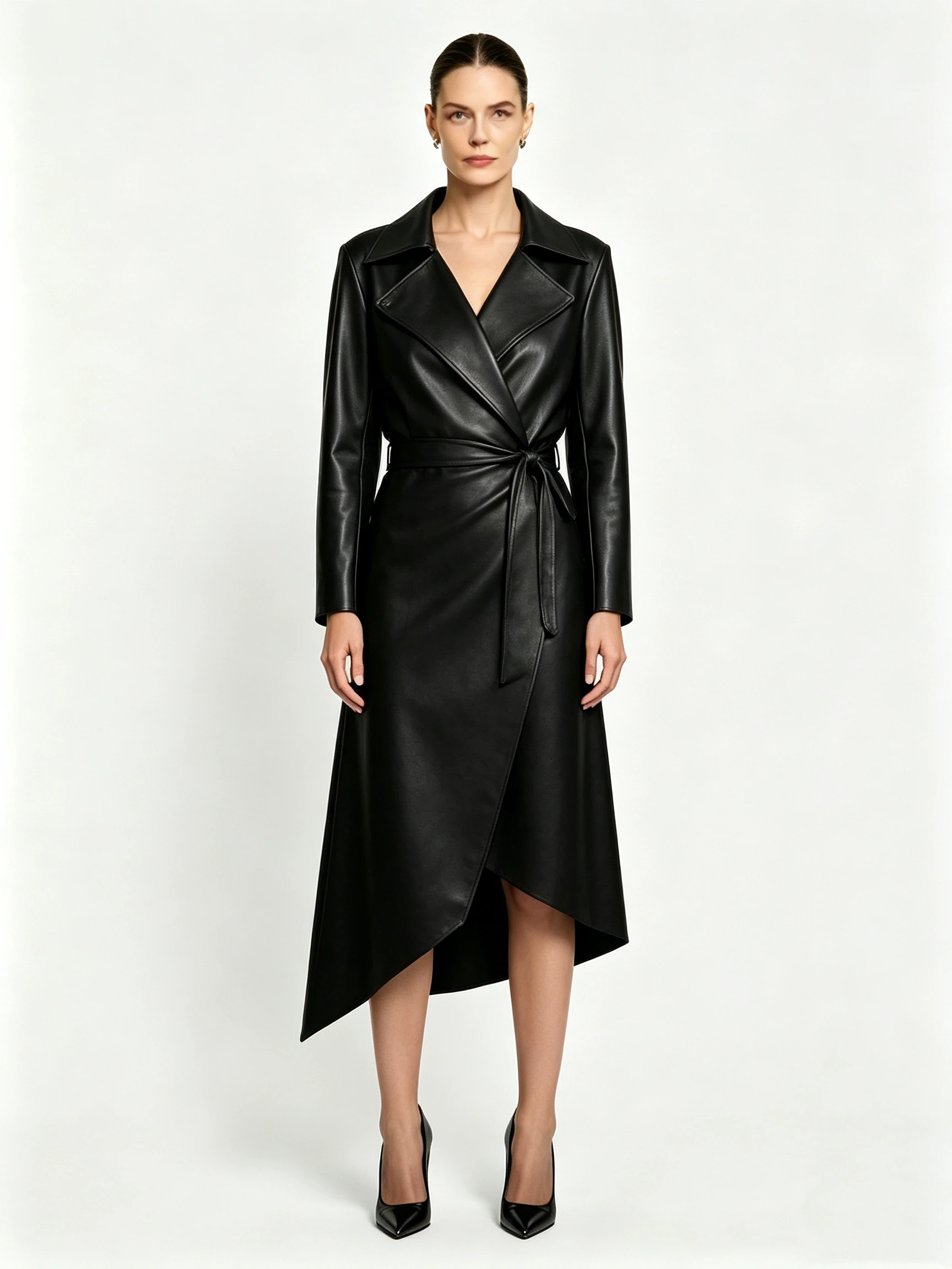 Women's Faux Leather Trench Coat Dress with Notched Lapel and Asymmetrical Hem