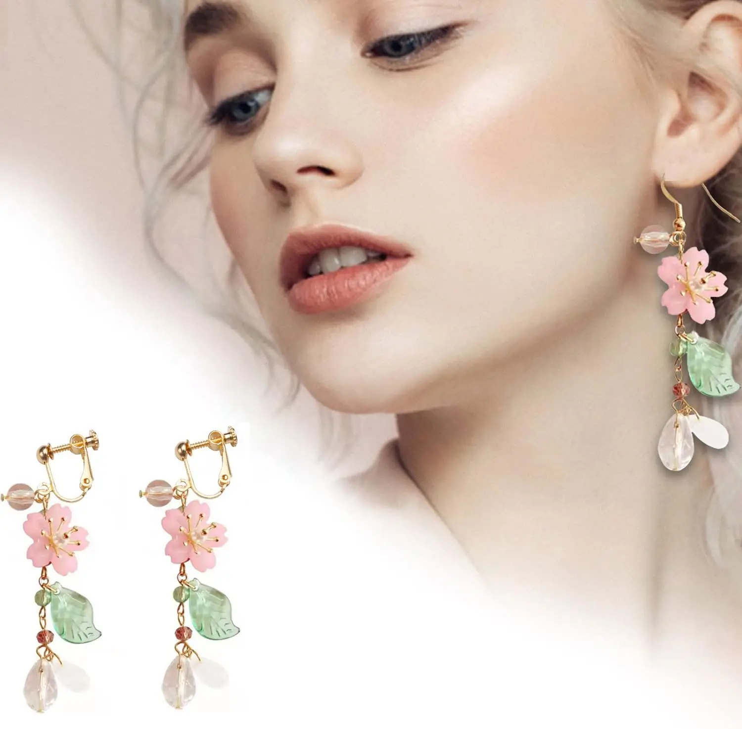 Pink Flower Clip on Dangle Earrings No Pierced for Women Crystal Leaf Dangling Earrings Statement Seaside Idyllic Birthday Gift