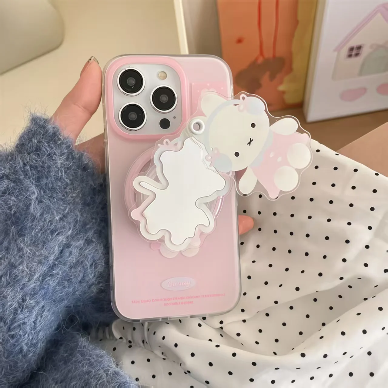 Miffy phone case holder makeup mirror suitable for iPhone 11-16Promax all series cartoon anti drop silicone protective soft case