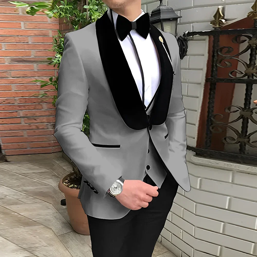 Elegant Men\'s White Suit 3 Piece Suit Wedding Tuxedo Velvet Collar Jacket Pants Vest Bow Tie Formal Groom\'s Party Blazer Custom