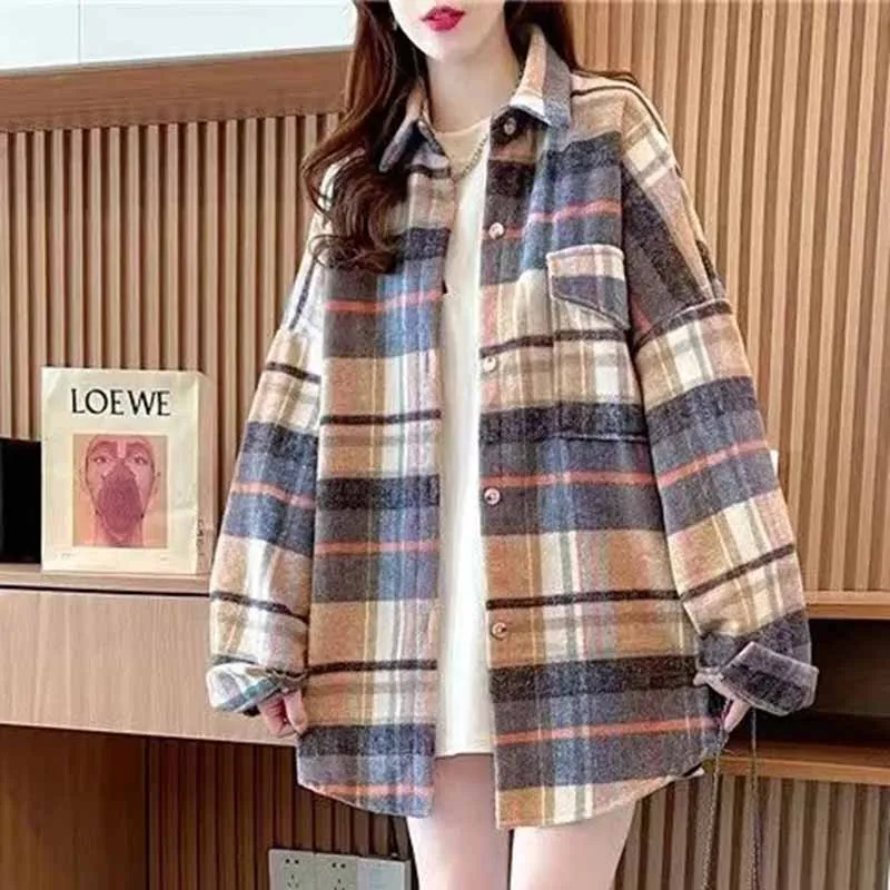 Women Korean Spring Thickening Frosted Plaid Cardigan Blouse Female Hong Kong Style Retro Loose Fit Leisure Long Sleeved Shirts