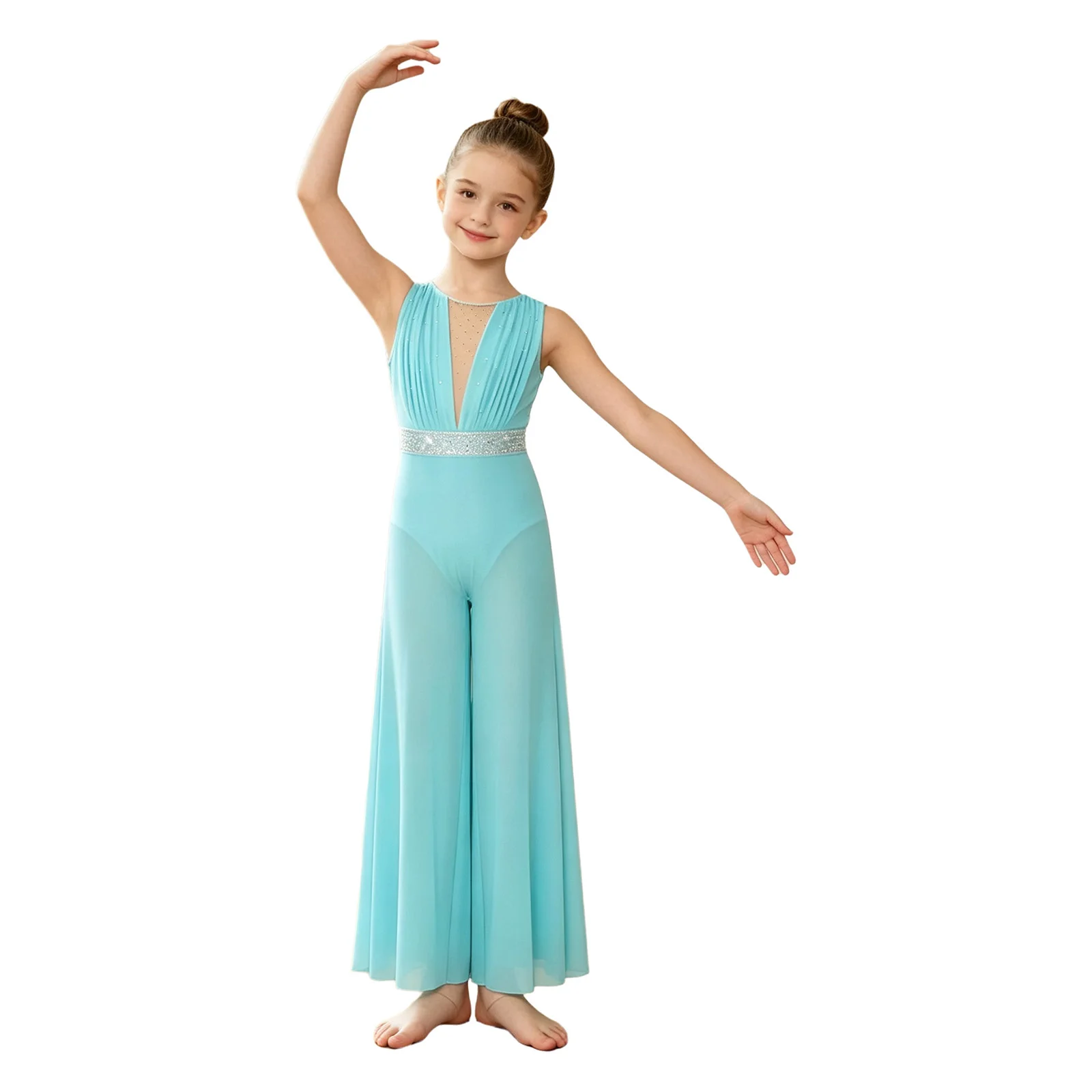 Kinder Mädchen Zeitgenössisches Ballett Lyrisches Tanzkostüm Unitard mit Strassbesetztem Oberteil und Transparenter Weitbeiniger Netzstoffhose – Detail 22