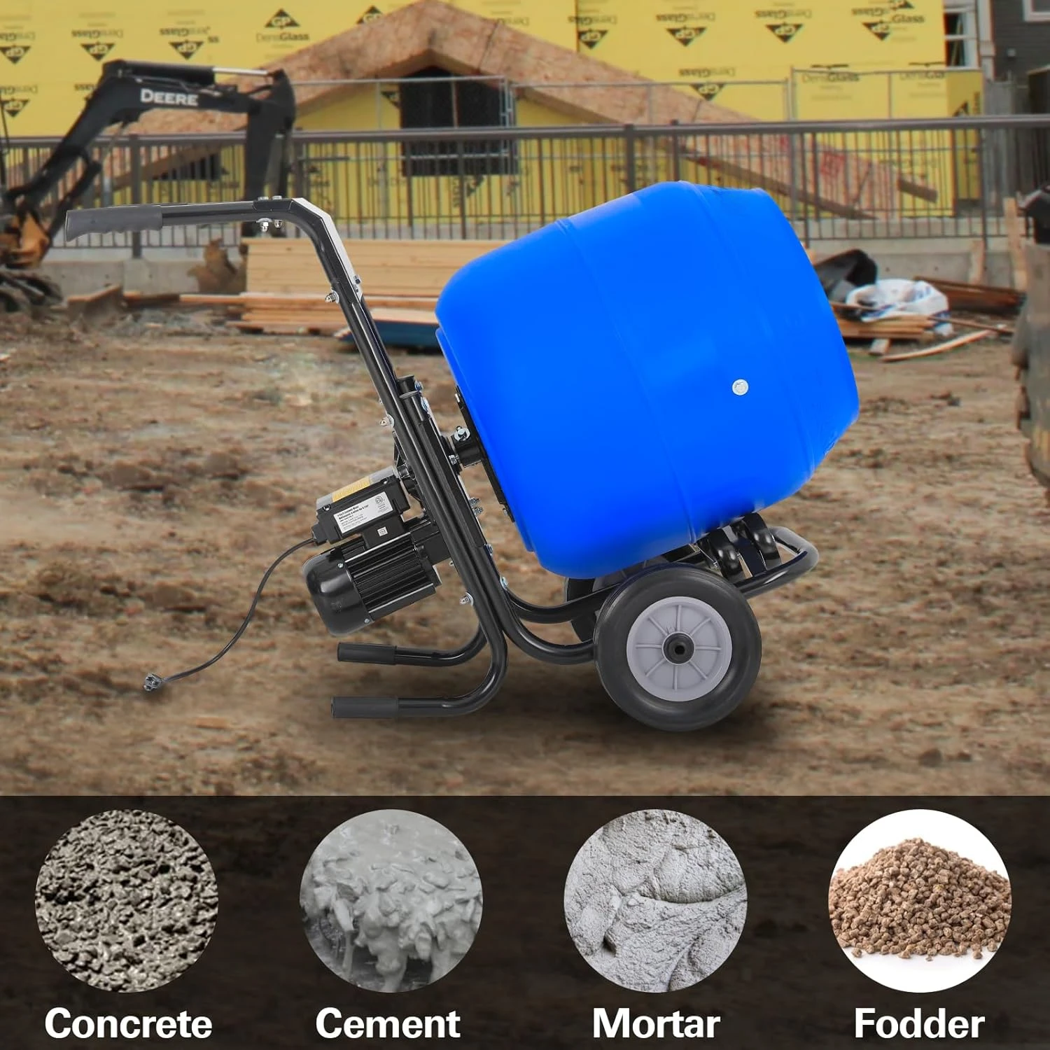 Cement Mixer 4 Cu.Ft. Portable Electric Poly Drum Concrete Mixer, Heavy Duty Power Cement Mixing Machine for Mortar