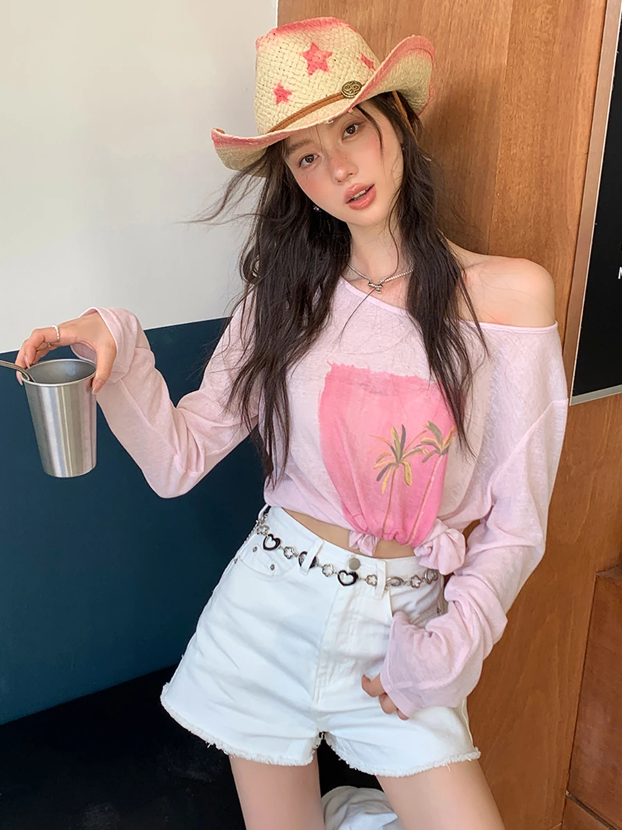 

LREEDOM Pink Long Sve Loose Fit Lightweight Women's T-irt Sun Protection Original Design round Ne Printed Top