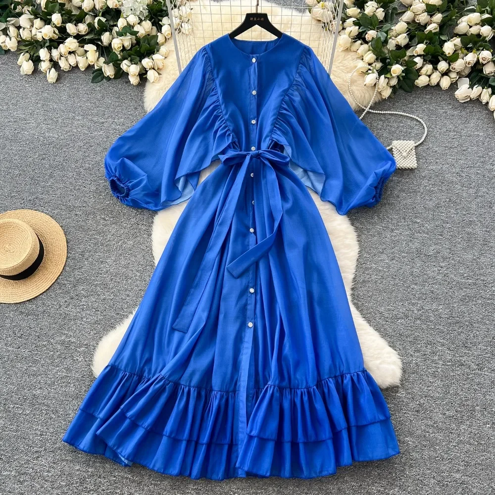 

Elegant Single Breasted O-neck Vintage Lantern Sleeves Chic Bandage Slim Ruffle Long Dresses Autumn High Street Women Clothing