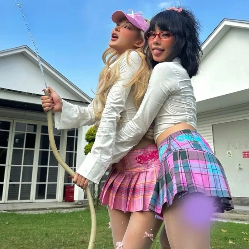 Gothic Millennium Hot Girl Y2K Pink Blue Embroidered Pleate Skirt Short American Trendy College Style Midi Skirt 2025 Hot Sale