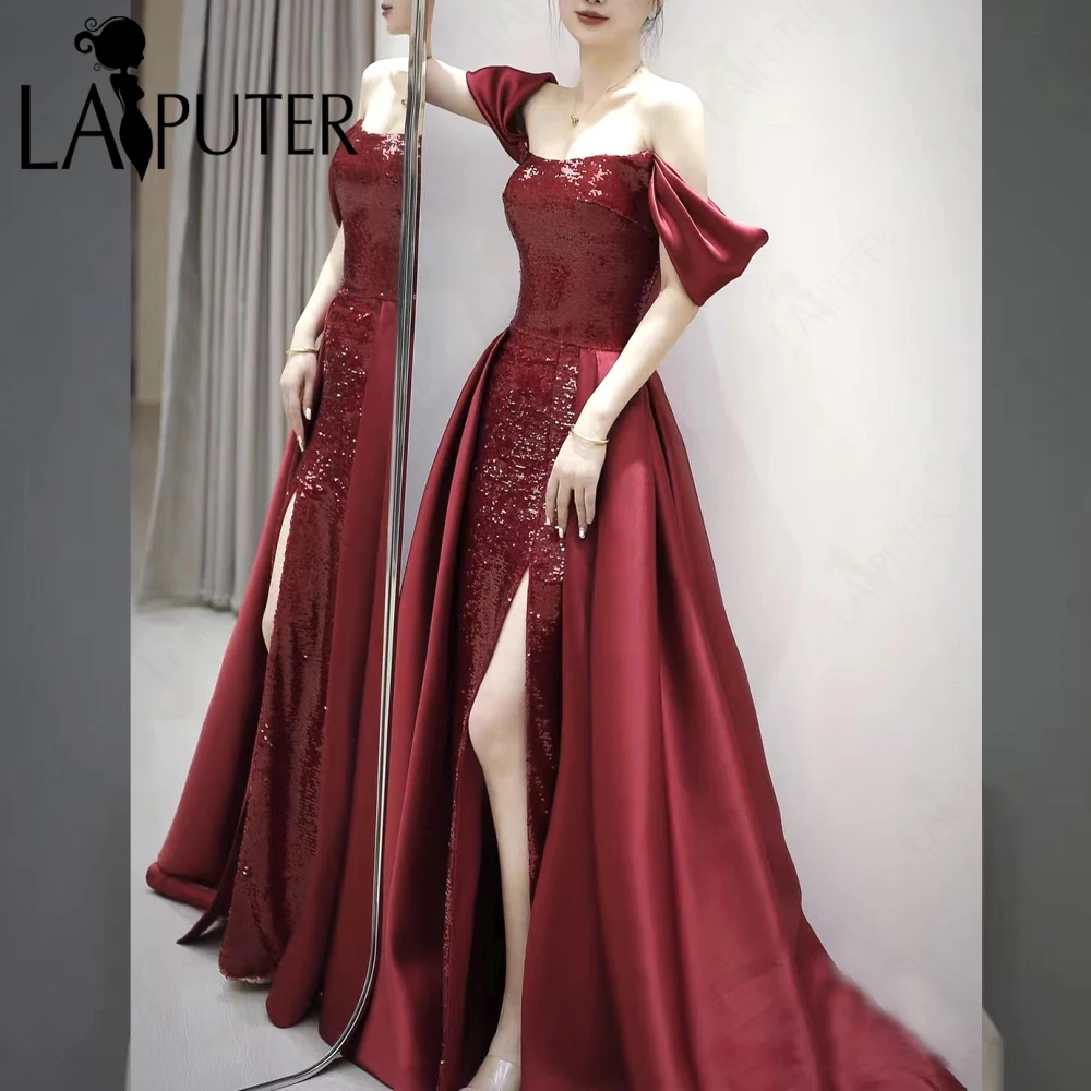 Off Shoulder Burgundy Sequin Evening Dresses Off Shoulder Side Sleeves Prom Gown 2 in 1 Satin Long Tail Celebrity Party Gown