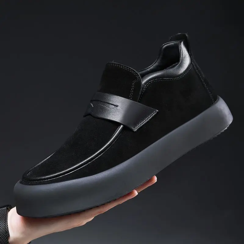 

mens fashion cow suede leather shoes slip-on flat driving shoe black trendy platform loafers autumn winter footwear man sneakers