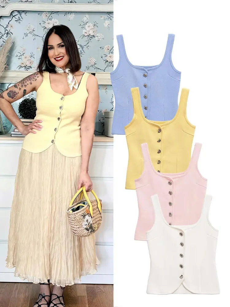 

HH Women's Summer New Fashion Round Neck Single-Breasted Sleeveless Top Female Simple Elastic Waist Short Shoulder Strap Top