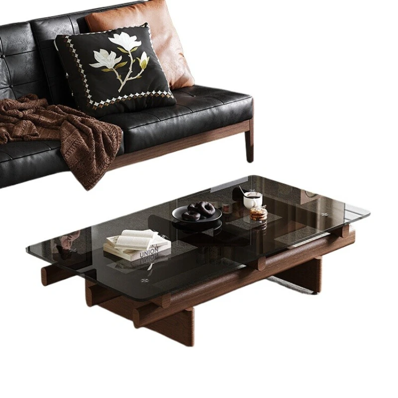 

French medieval style living room household rectangular ash wood gray tempered glass coffee table, modern