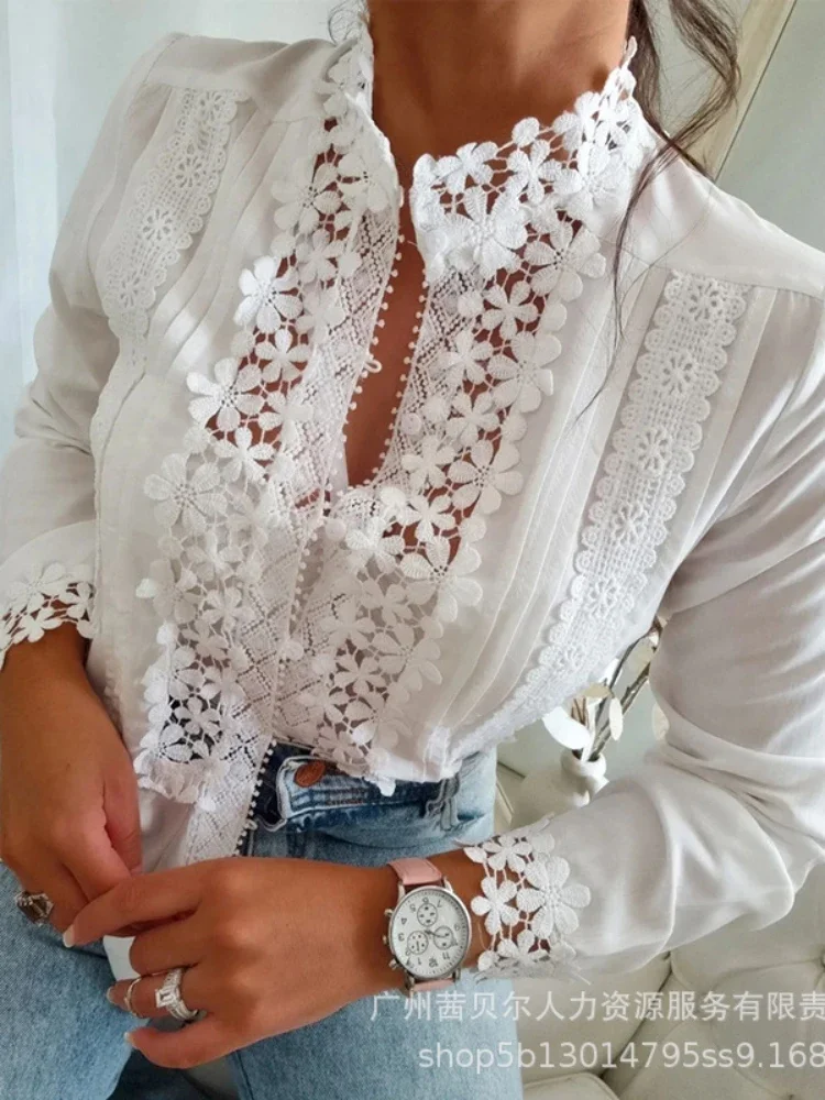 Floral Pattern Lace Patch Top Women Long Sleeve Tops V Neck T Shirt Single Breasted Shirts Casual Straight Blouses Spring 2024