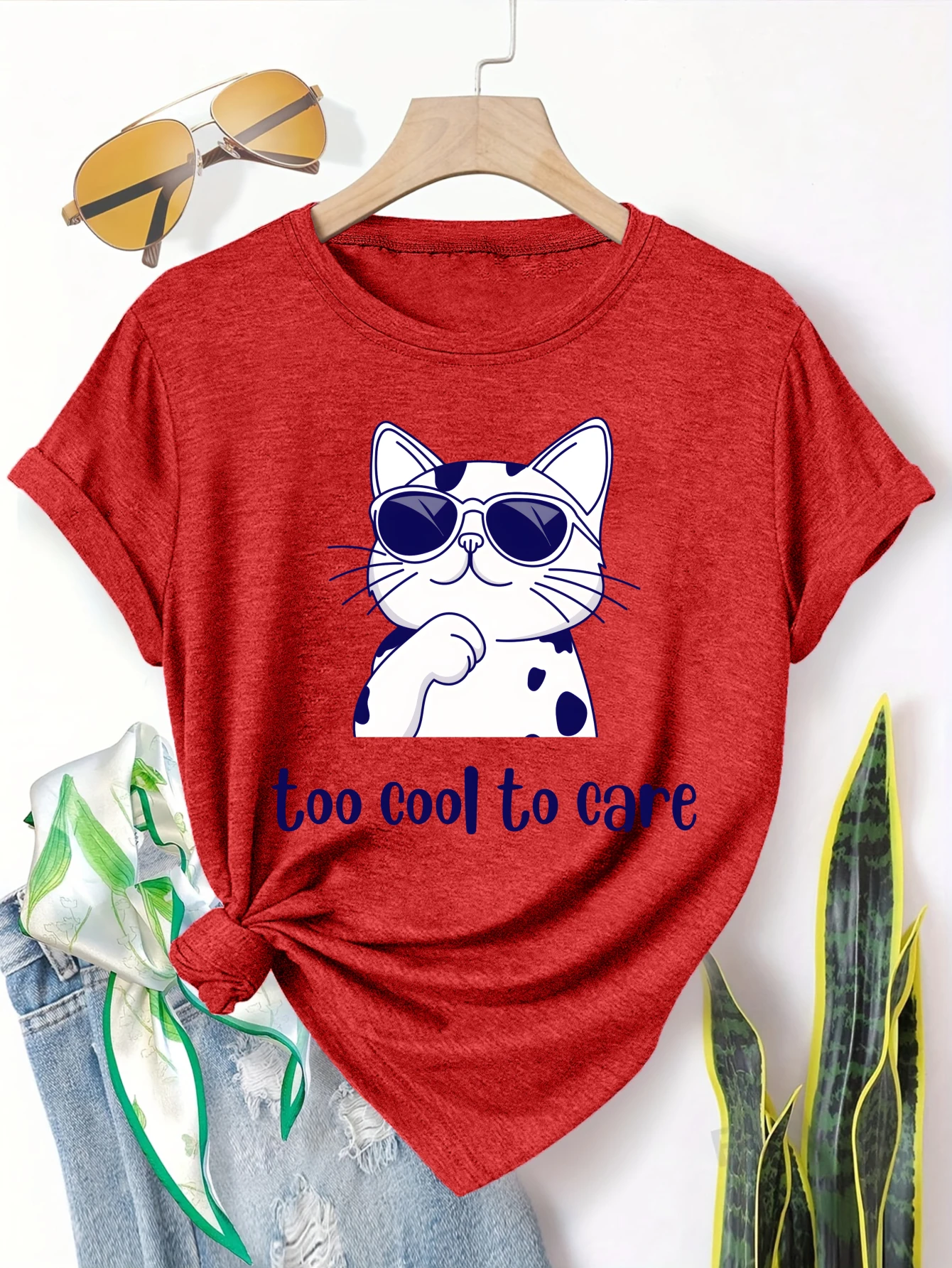 

Plus size women's short sleeve T-shirt Cat Wearing Sunglasses Too Cool To Care soft and comfortable fabric summer outfits