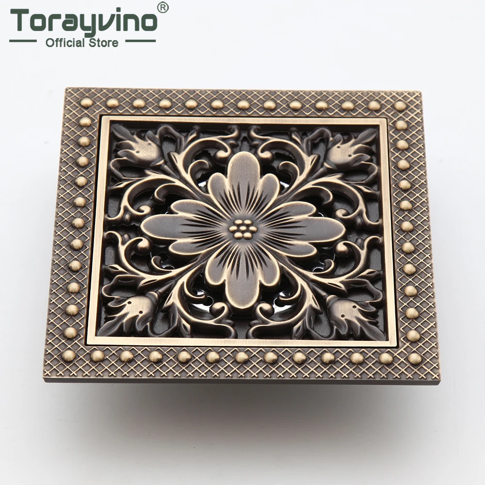 Torayvino Antique Brass 150mm*150mm Floor Drain Bathroom Household Art Carved Flower Floor Drain Shower Square Drain Strainer