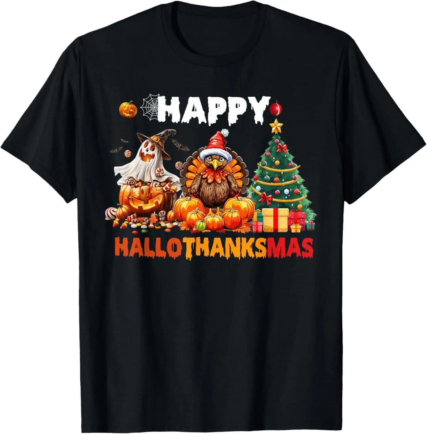 

Retro Halloween Thanksgiving Christmas Happy HalloThanksMas T-Shirt S-5XL