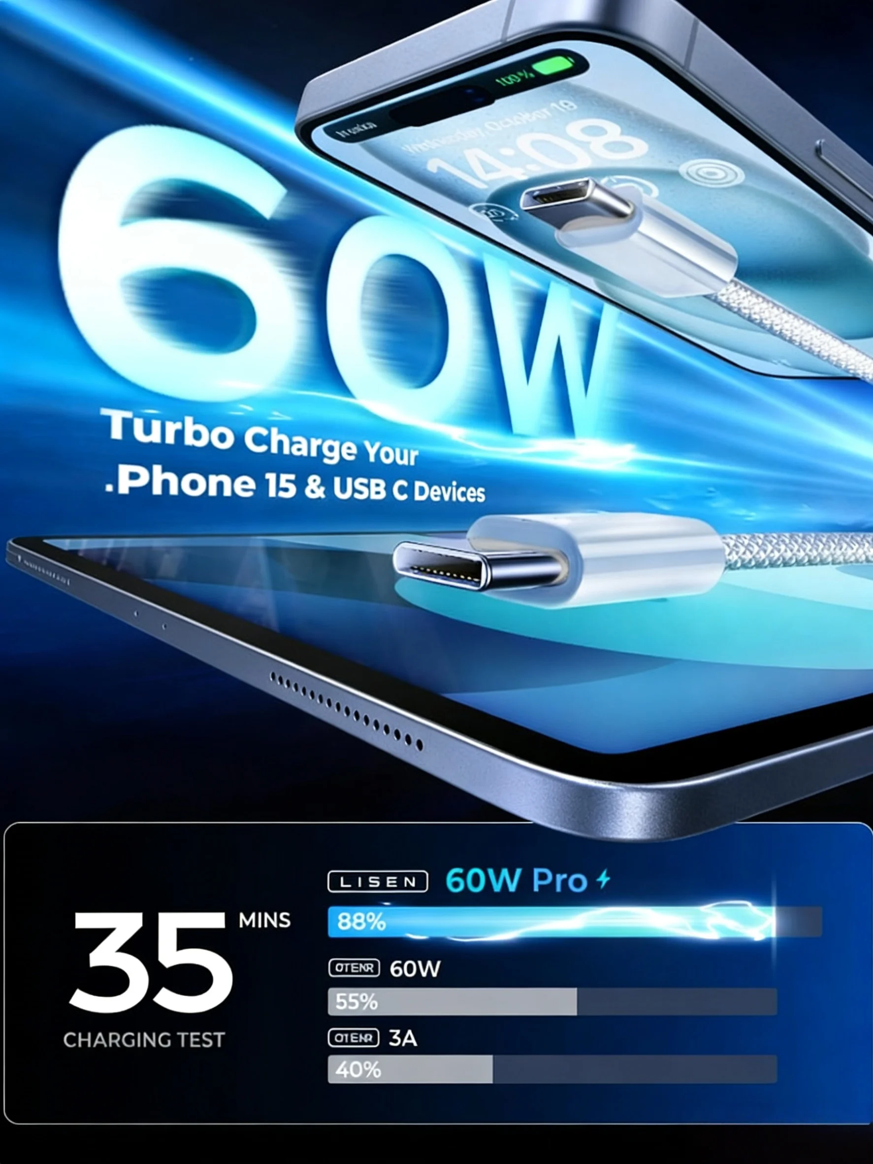 10-foot USB Type-C to Type-C fast charging cable for the new iPhone 15, 60W USB-C data cable。