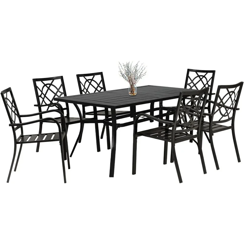 

Outdoor Table and Chairs Set, Metal Stacked Chairs of 6, Slat Table Top with 1.57 "Umbrella Hole, Outdoor Patio Dining Set