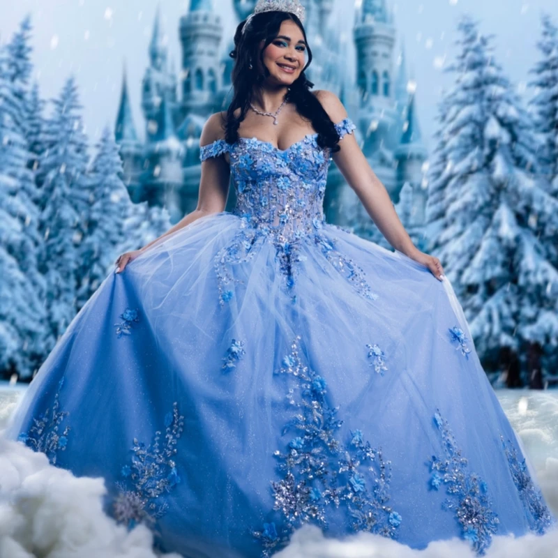 

Небесно-голубое блестящее платье Quinceanera с открытыми плечами и аппликацией из цветов и бусин с бантом из тюля, корсет для вечеринки, дня рождения, сладкое платье 16, Vestidos