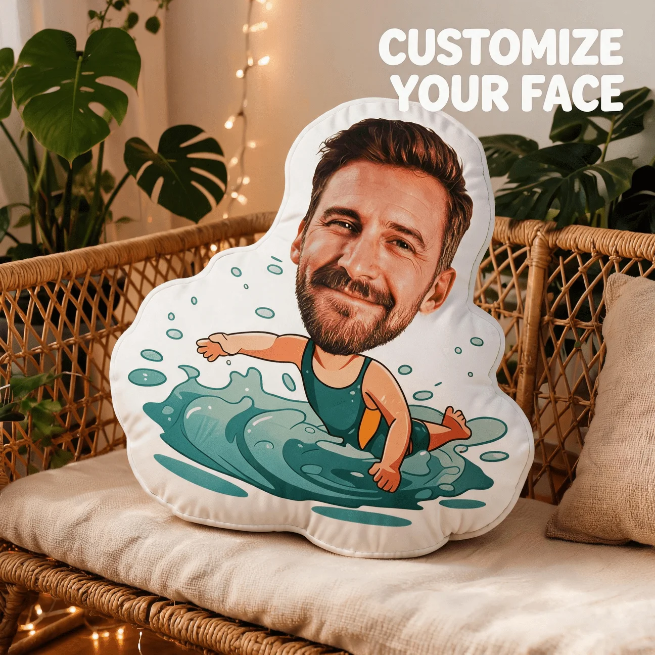 Custom Face Shaped Pillow, Personalized Photo Swimming Cartoon Body Decorative Cushion, Funny Bearded for Man Head Accent Pillow
