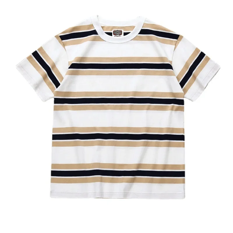 230G Summer Cotton T-shirt American Round Neck Retro Horizontal Striped Short-sleeved T-shirt Youth Chic Wear Cozy Loose Tees