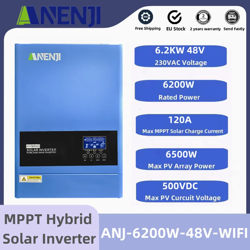 6.2KW Hybrid Solar Inverter 48V 230V Pure Sine Wave On/Off Grid Inverter Built 120A MPPT Solar Charge Controller EU In Stock