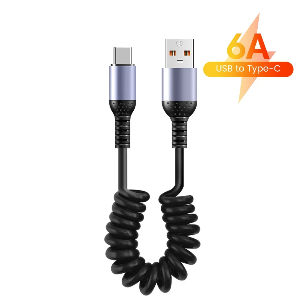 0.25M-1M Spring Cable USB Type C To Type C 6A Fast Charge Data Cable For iphone Android ipad USB C Short Power Bank Car Cord