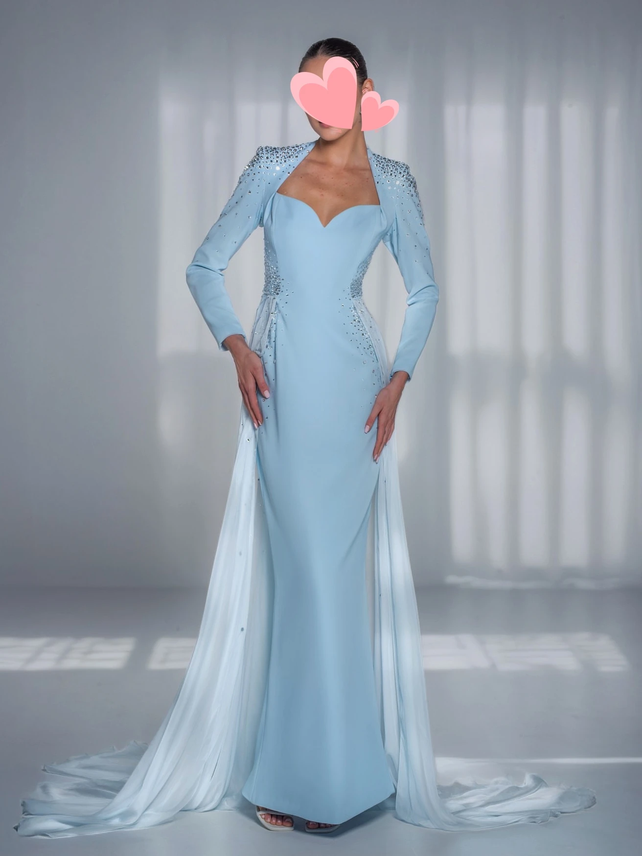 우아한 빈티지 스타일의 담청색 비즈 장식 스퀘어 칼라 맞춤 제작 정장 드레스, 파티 가운