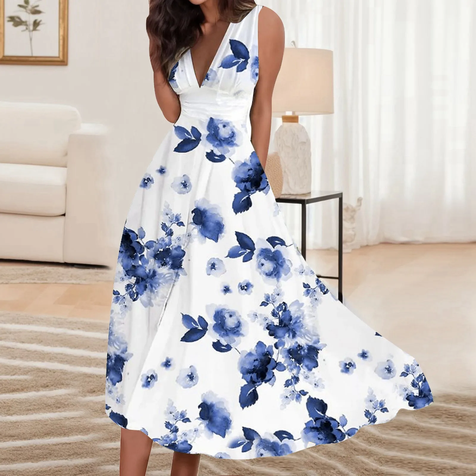 Sommer Frauen Kleid elegante Party ärmellose lange Kleid Robe sexy Bohemian Print Kleider Vestidos lässig Swing Sommerkleid