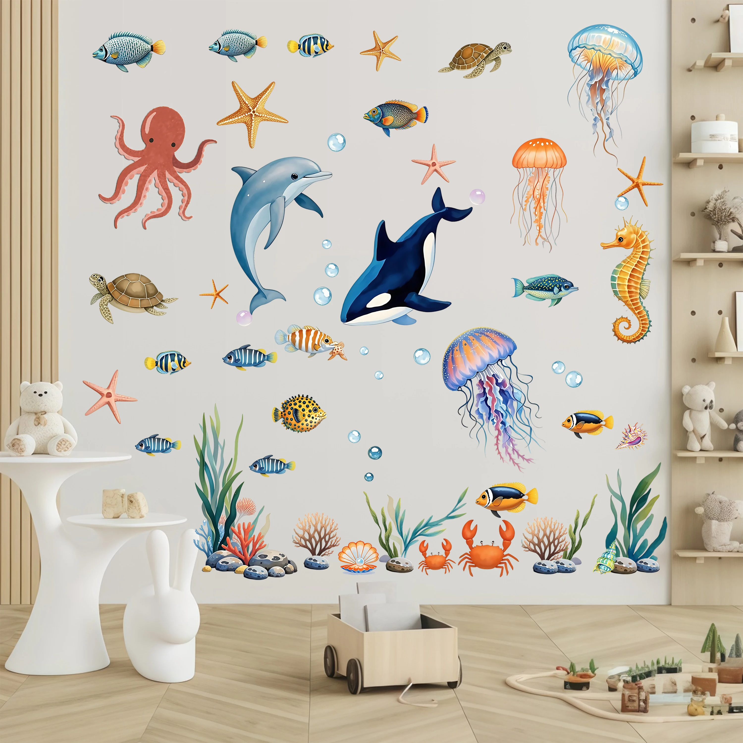 Watercolor underwater animal wall stickers, baby room bathroom wall renovation, self-adhesive waterproof and ugly covering wall