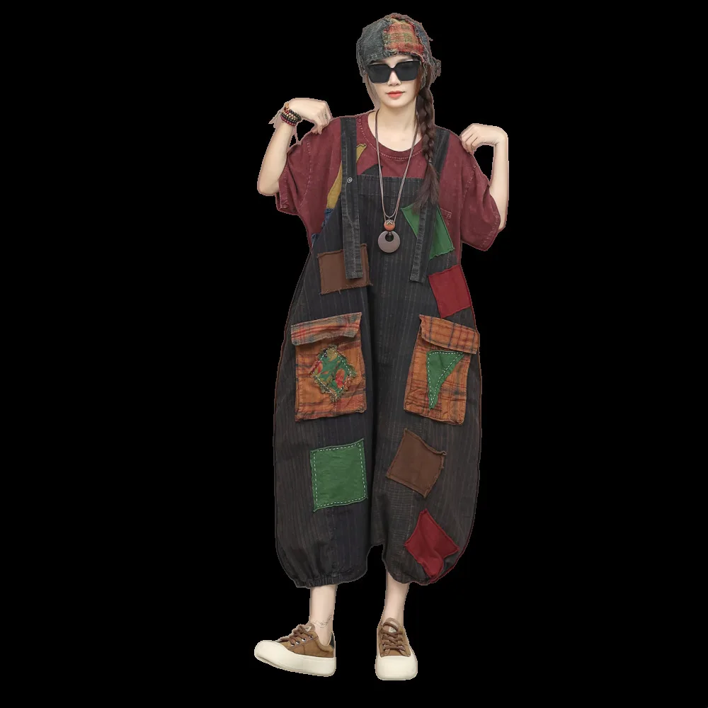 Unique Niche Style Distressed Vintage Fabric Patchwork Overalls Women High-waist Loose Sleeveless Jumpsuit ZXY090 - Image 6