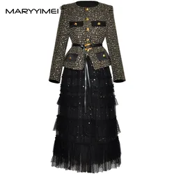 MARYYIMEI Fashionable Women's Suit Long Sleeved Single Breasted Lace-Up Tops+Mesh Black skirt Autumn and winter 2 piece set