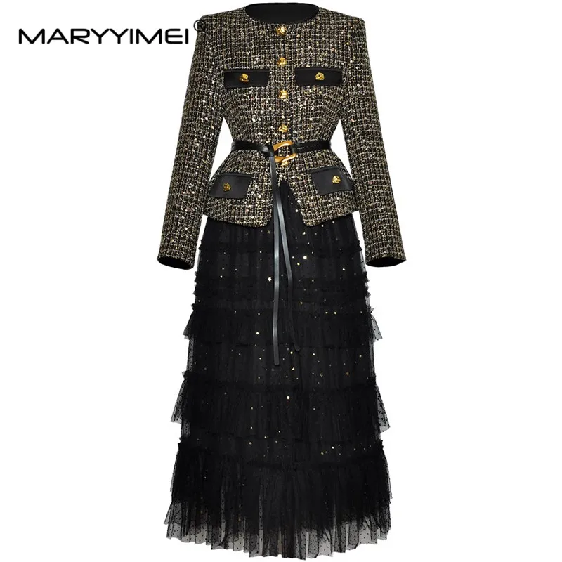 MARYYIMEI Fashionable Women's Suit Long Sleeved Single Breasted Lace-Up Tops+Mesh Black skirt Autumn and winter 2 piece set