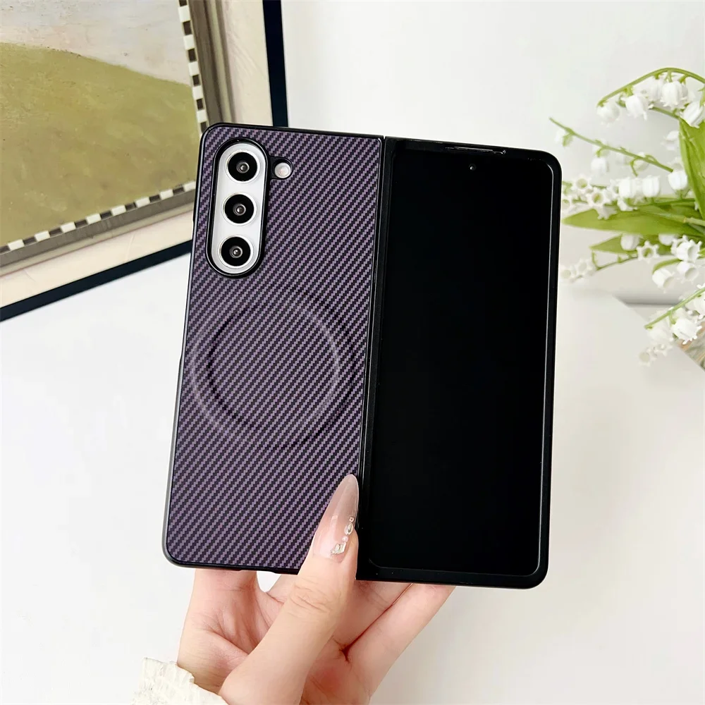 Luxury Business Sle Carbon Fiber Leather Phone Case for Samsung Galaxy Z Fold 7 6 5 4 3 Magsafe Magnetic Wireless Charging Cover
