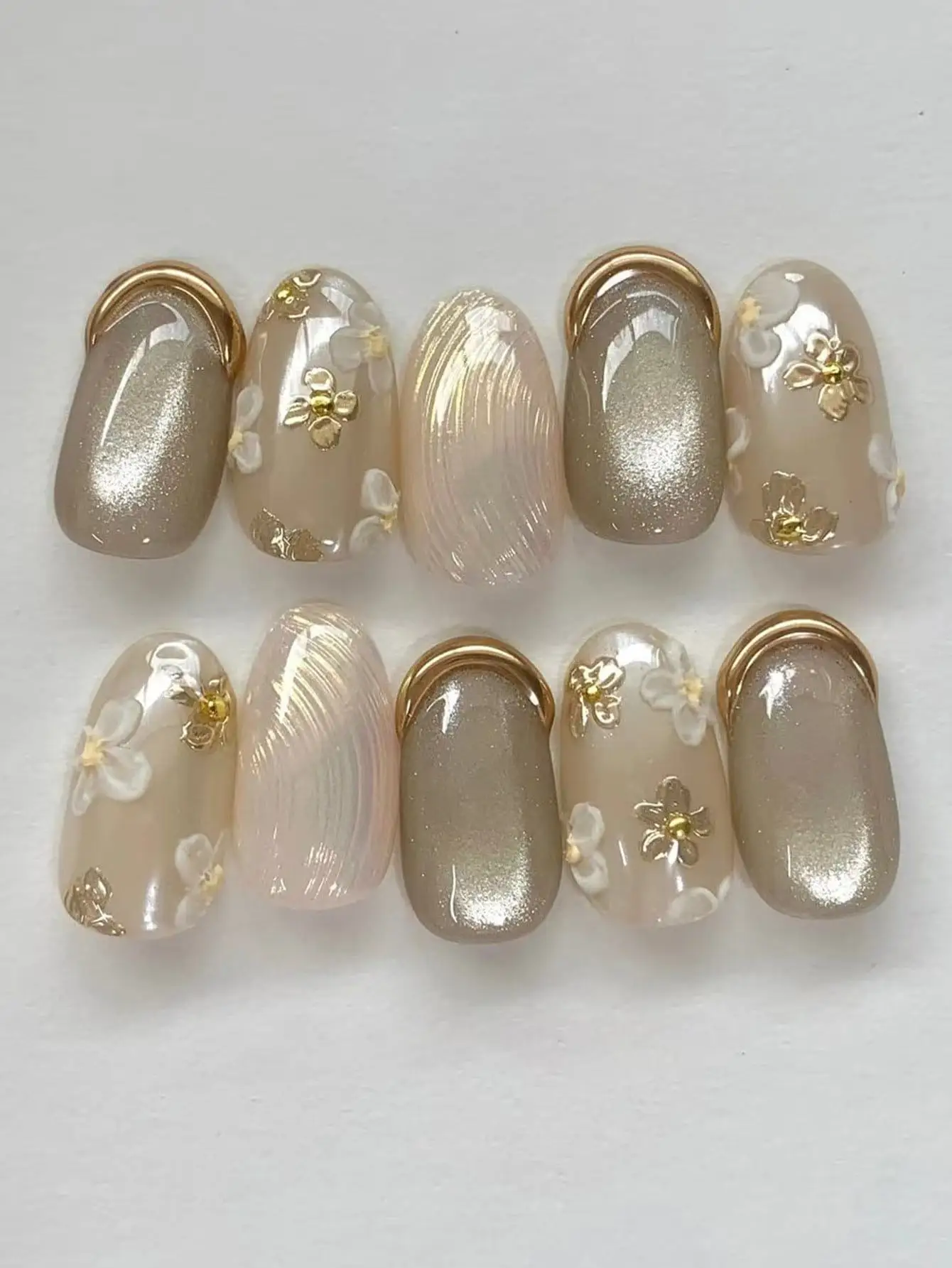 10-Piece Set of Bridesmaid Wedding Luxury Nude Nails, Handcrafted with Iridescent Shell Texture, Fine Shimmering Pearlescent Effect