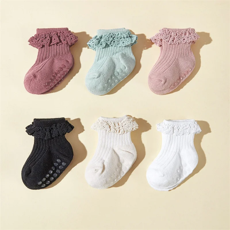 6Pairs/Lot Newborn Baby Floor Socks For Girls Cotton Toddler Sweet Lace Infant Home Toddler Socks Non-slip 0-3Y Spring Autumn