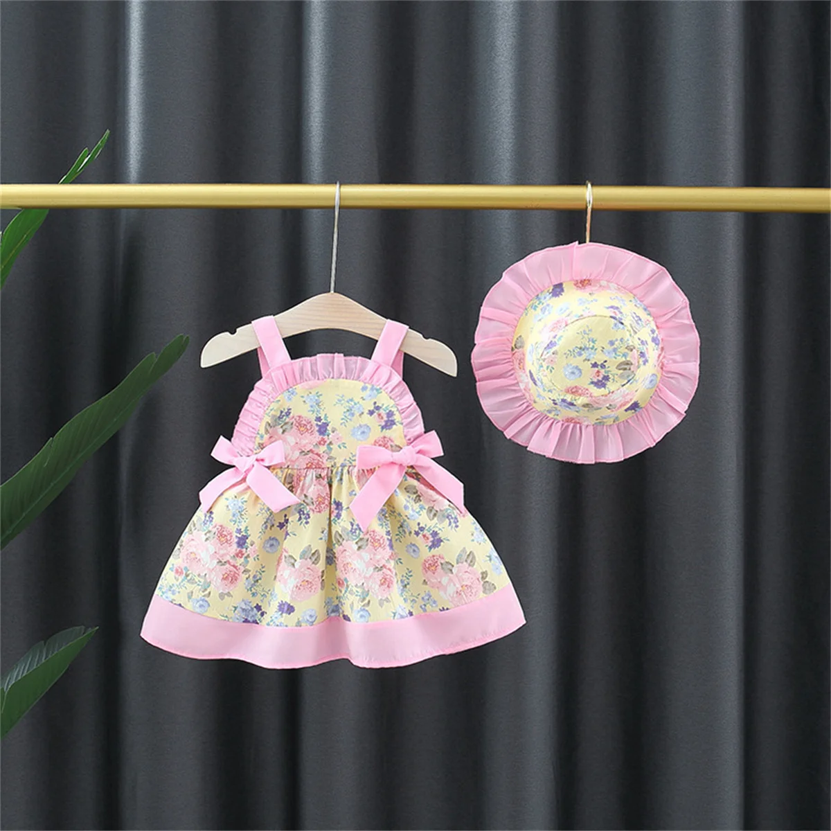 Summer 2-Piece Baby Girl Lolita Dress+Floral Hat Baby Bow Broken Floral Dew Back Sleeveless Cotton Beach 0-3 Year Old Dress