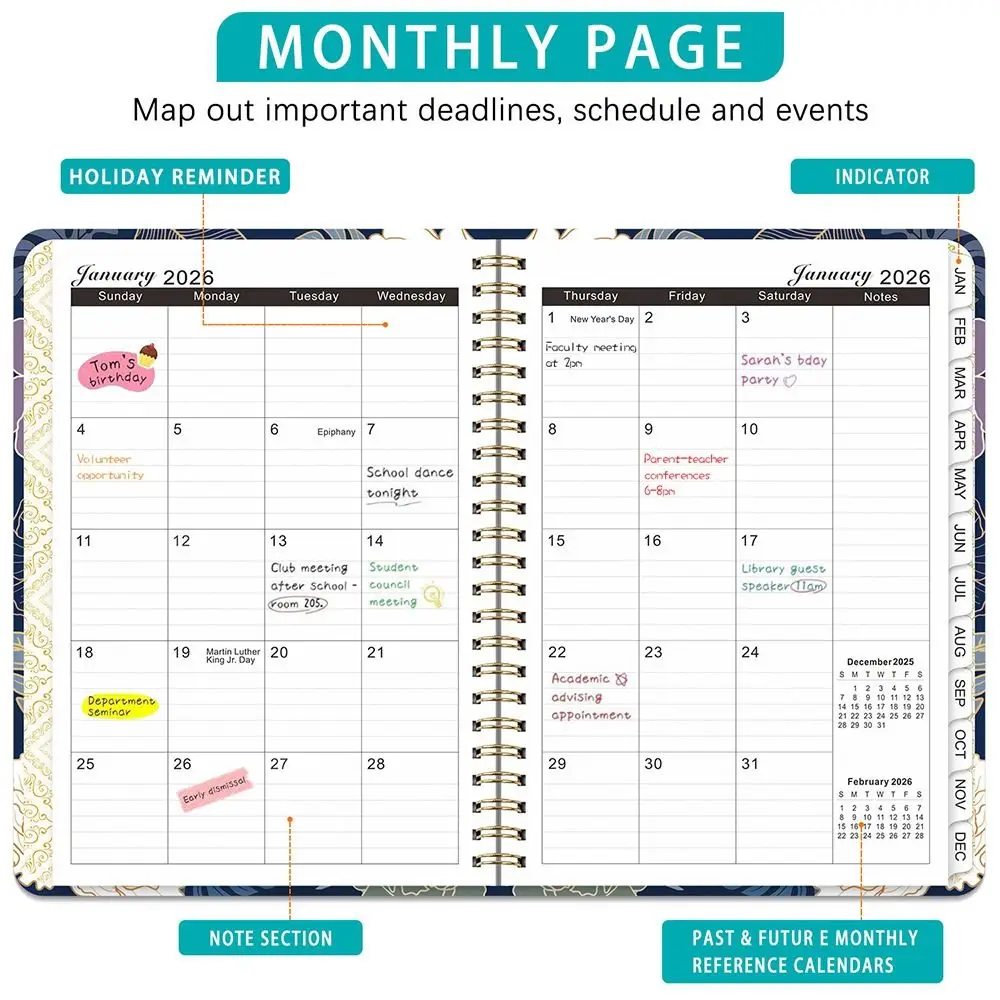 Carnet de notes à bobine avec onglets mensuels de 365 jours, édition 2026 2026, format A5, planificateur quotidien, année académique