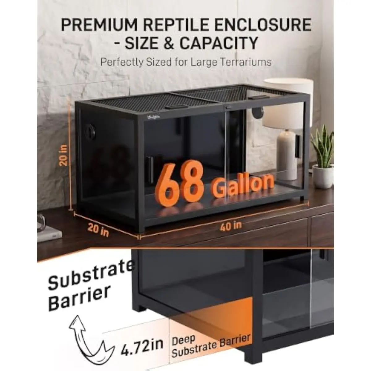 68 Gallon Horizontal Reptile Habitat with Front-Sliding Tempered Glass Access Panels, Removable Mesh Top for Full UVB Penetratio