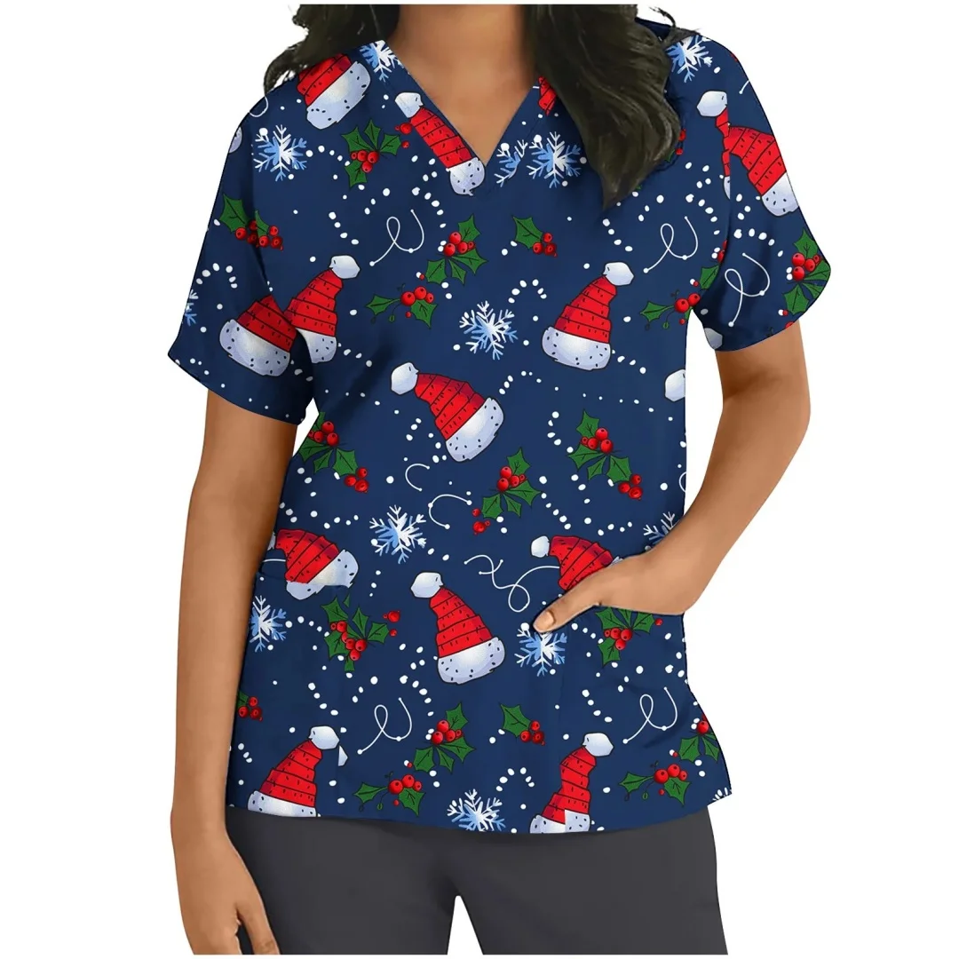 Nieuwe Kerst Verpleegster Uniform Scrubs Vrouwen Cartoon 3D Print V-hals Korte Mouw Pocket Overalls Uniformen Medische Verpleging Werken
