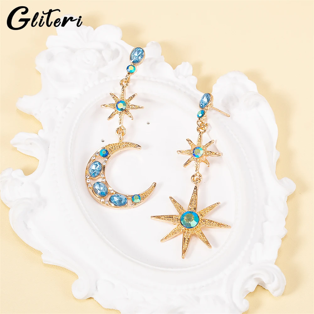 GEITERI 1 Pair Asymmetrical Star Moon Earrings For Women Girls Gold Color Zircon Crystal Long Earring Vintage Jewelry Gifts 2023